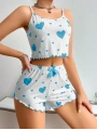 Kadın Beyaz Mavi Kalp Desenli Askılı Şortlu Pijama Takım 5043