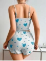 Kadın Beyaz Mavi Kalp Desenli Askılı Şortlu Pijama Takım 5043
