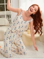 Kadın Ekru Mavi Kalp Desenli Yumuşak Pamuklu Uzun Pijama Takımı 5137