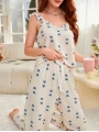 Kadın Ekru Mavi Kalp Desenli Yumuşak Pamuklu Uzun Pijama Takımı 5137