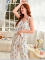 Kadın Ekru Mavi Kalp Desenli Yumuşak Pamuklu Uzun Pijama Takımı 5137