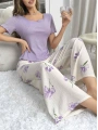 Kadın Mor Çiçek Desenli Yumuşak Pamuklu Uzun Pijama Takımı 5133