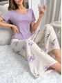 Kadın Mor Çiçek Desenli Yumuşak Pamuklu Uzun Pijama Takımı 5133