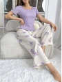 Kadın Mor Çiçek Desenli Yumuşak Pamuklu Uzun Pijama Takımı 5133