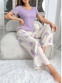 Kadın Mor Çiçek Desenli Yumuşak Pamuklu Uzun Pijama Takımı 5133