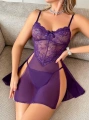 Kadın Mor Yırtmaç Detaylı Seksi Tül Kısa Gecelik 2201
