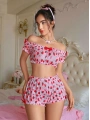 Kadın Pembe Çilek Desenli Fantezi Şort takım 2156