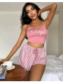 Kadın pembe çizgili desen Askılı Şortlu Pijama Takım 5002