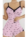 Kadın Pembe Kalp Desenli Askılı Şortlu Pijama Takım 5013