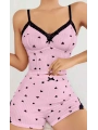 Kadın Pembe Kalp Desenli Askılı Şortlu Pijama Takım 5013