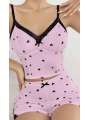 Kadın Pembe Kalp Desenli Askılı Şortlu Pijama Takım 5013
