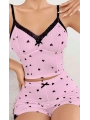 Kadın Pembe Kalp Desenli Askılı Şortlu Pijama Takım 5013