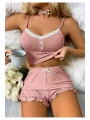 Kadın Pudra Dantel Detaylı Şortlu Gecelik Pijama Takımı 5015