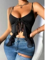 Kadın Siyah Crop Askılı Önden Bağlama Fırfır detaylı 5089