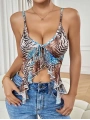Kadın Siyah Leopar desenli Crop Askılı Önden Bağlama Fırfır detaylı 5091