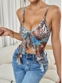 Kadın Siyah Leopar desenli Crop Askılı Önden Bağlama Fırfır detaylı 5091