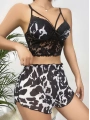 Kadın Siyah Leopar desenli Dantel detaylı Şortlu Gecelik Pijama Takımı 5055