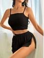 Kadın Siyah Yandan Yırtmaçlı Askılı Şortlu Pijama Takım 5041