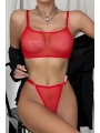 Kırmızı Transparan Tül Bralet Tanga İç Giyim Takımı TM1386