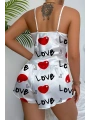 Love Desenli Beyaz Saten Şortlu Gecelik Takım