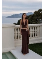 Morliva Degaje Yaka Bluz Aksesuar Detay Maxi Etek İkili Takım
