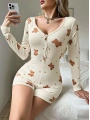 Morliva Kadın Bej Ayıcık Desenli Pijama Tulumu 5123