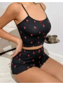 Morliva Kadın Siyah Çilek Desenli Seksi Gecelik Takım 5020