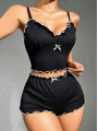 Morliva Kadın Siyah Fitilli Askılı Şortlu Pijama Takım 5042