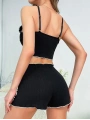 Morliva Kadın Siyah Fitilli Askılı Şortlu Pijama Takım 5042