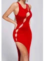 Morliva Kırmızı Dekolteli Yırtmaçlı Elbise