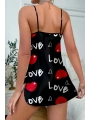 Morliva Love Desenli Siyah Saten Gecelik