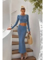 Morliva Örgü Desen Crop Bluz Maxi Etek İkili Triko Takım