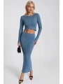 Morliva Örgü Desen Crop Bluz Maxi Etek İkili Triko Takım
