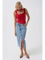 Morliva Yırtmaç Detay Denim Midi Etek