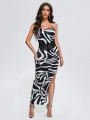 Morliva ZEBRA DESEN DANTEL DETAY UZUN ELBİSE ZEBRA