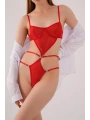 Transparan Kırmızı Dekolteli Balenli Fantazi İç Giyim Body TM1409
