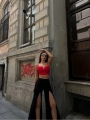 YIRTMAÇLI PANTOLON BALENLİ CROP TAKIM KIRMIZI