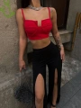 YIRTMAÇLI PANTOLON BALENLİ CROP TAKIM KIRMIZI