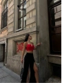 YIRTMAÇLI PANTOLON BALENLİ CROP TAKIM KIRMIZI