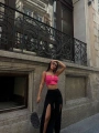 YIRTMAÇLI PANTOLON BALENLİ CROP TAKIM PEMBE