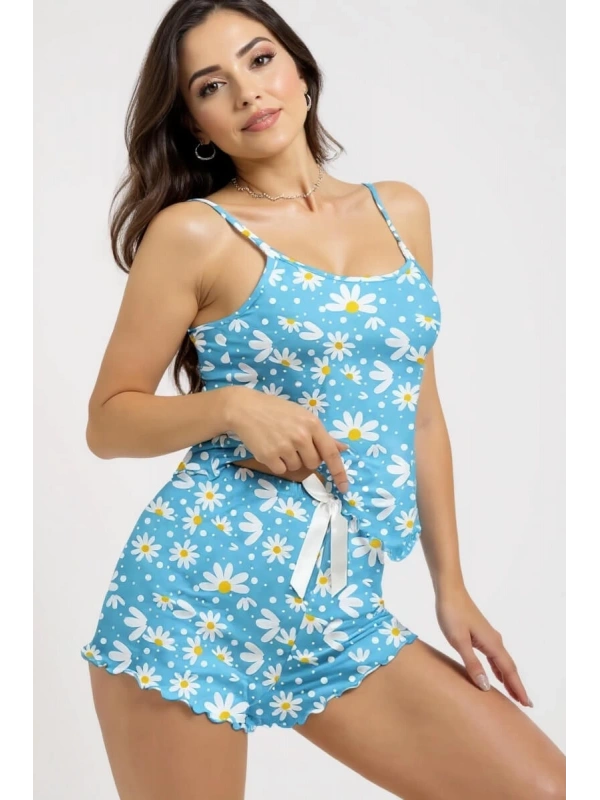 Papatya Baskılı Mavi Askılı Şortlu Pijama Takımı