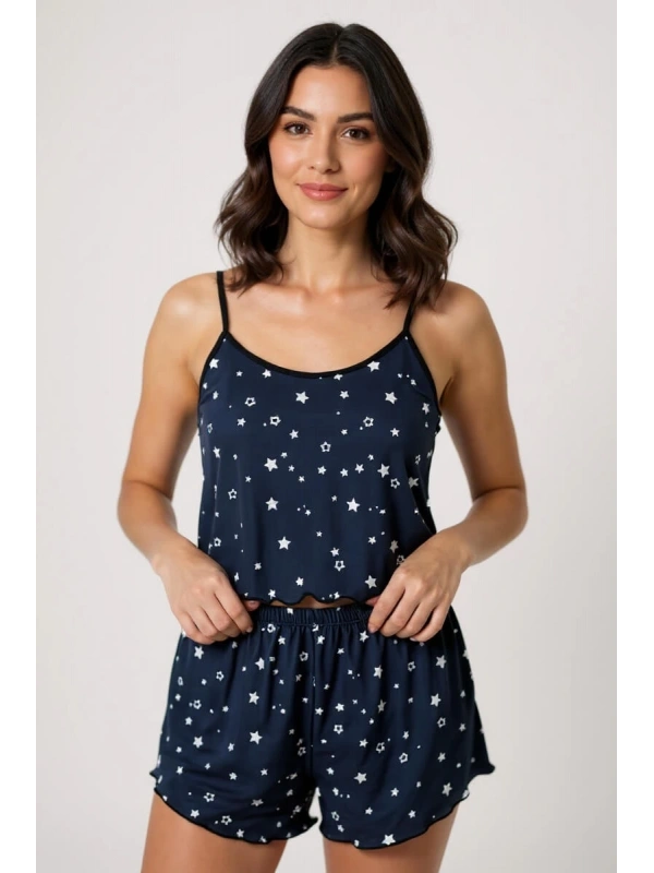 Yıldız Desenli Lacivert Şortlu Pijama Takımı