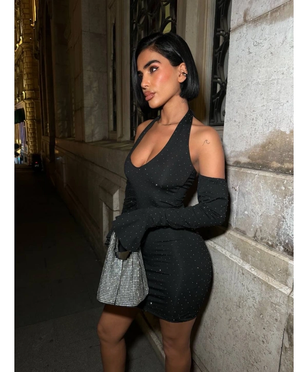 Işıltını Yansıt Full Taş Halter Mini Elbise