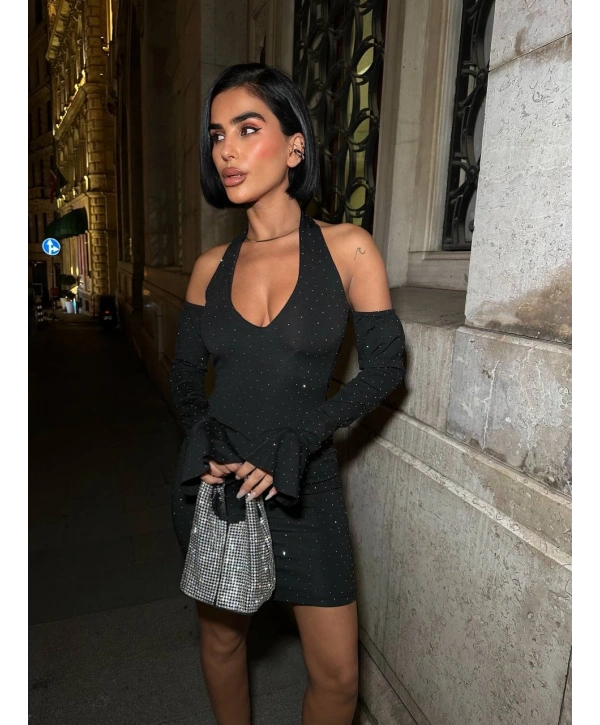 Işıltını Yansıt Full Taş Halter Mini Elbise