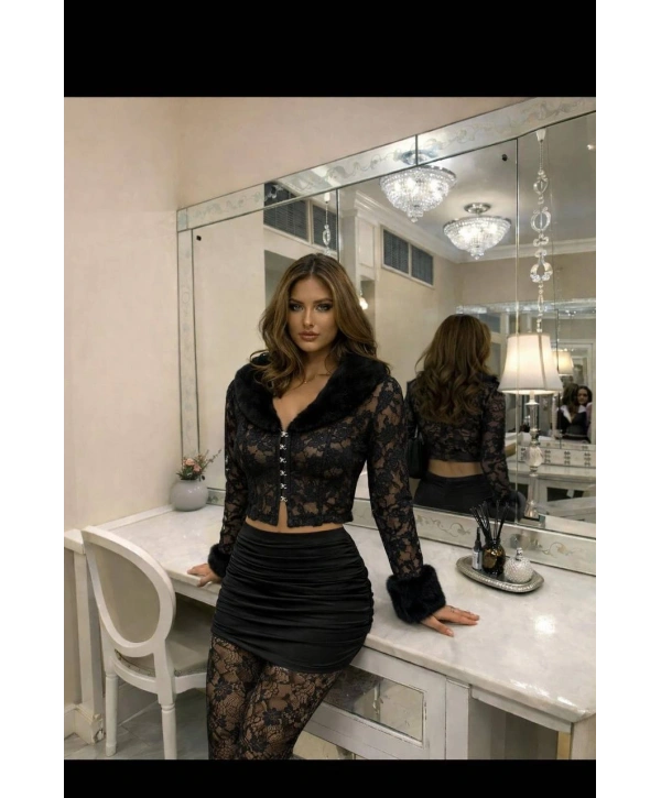 kürk detaylı dantel detaylı kumlu kumaş ikili takım