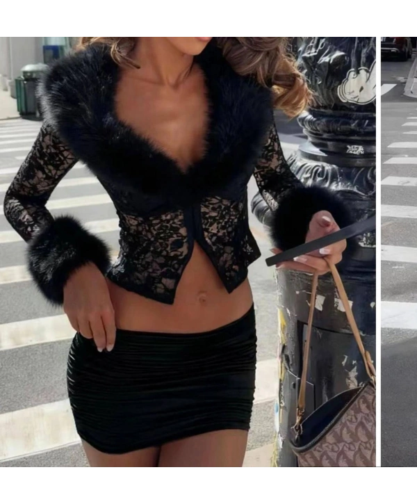 kürk detaylı dantel detaylı kumlu kumaş ikili takım