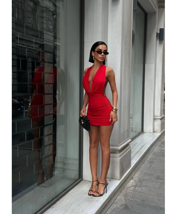 Moliva Sırt Zincir Detaylı  Göğüs Astarlı Büzgülü Mini Boy Elbise