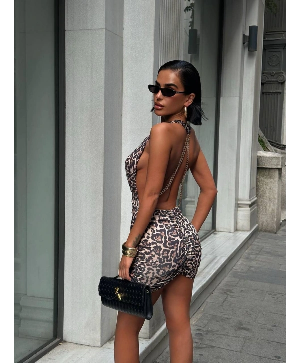 Moliva Sırt Zincir Detaylı Göğüs Astarlı Büzgülü Mini Boy Elbise