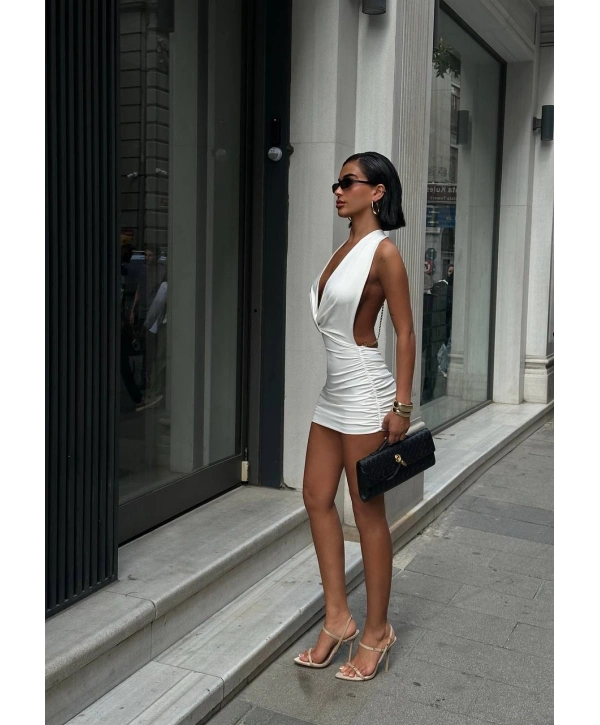 Moliva Sırt Zincir Detaylı Göğüs Astarlı Büzgülü Mini Boy Elbise