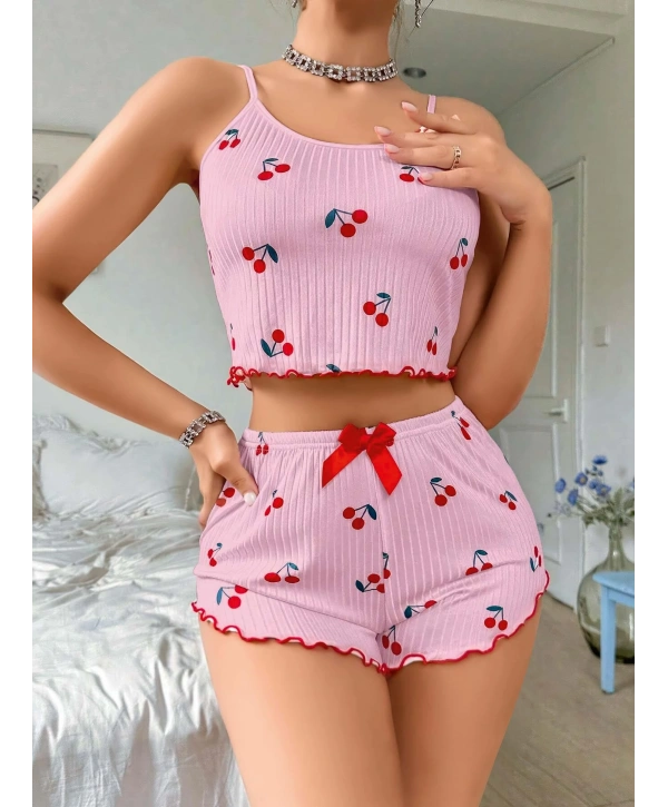 Kadın Pembe Kiraz Desenli Askılı Şortlu Pijama Takım 5044